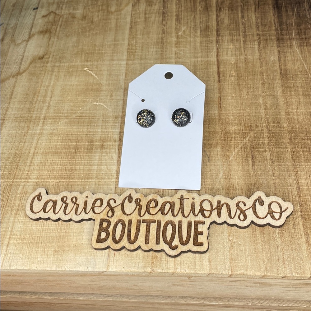 CarriesCreationsCo Gold and Black Round Stud Earrings